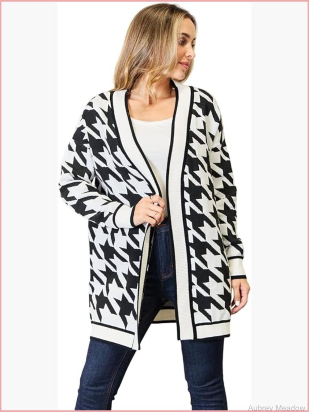 Houndstooth Open Front Long Cardigan Sweater Longline Style Knit 32 in